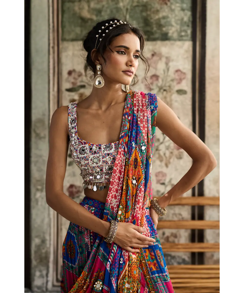 DIYARAJVVIR - MULTI-COLOR PRINT AND HIGHLIGHTED SQUARE NECK BLOUSE WITH TIERED SKIRT SAREE SET